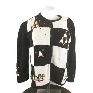 CJ BANKS BLACK & WHITE CARDIGAN CHRISTMAS PENGUINS